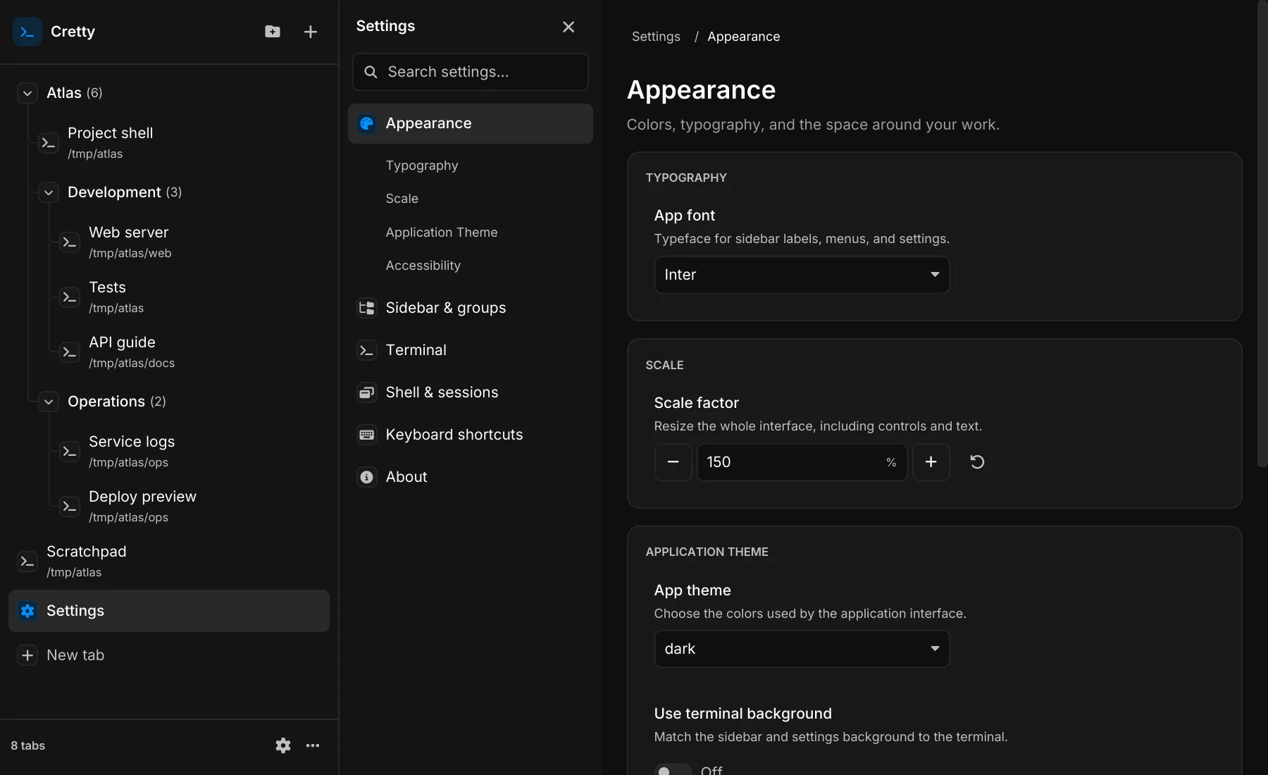 Cretty Appearance settings with interface font, scale, and application theme controls.