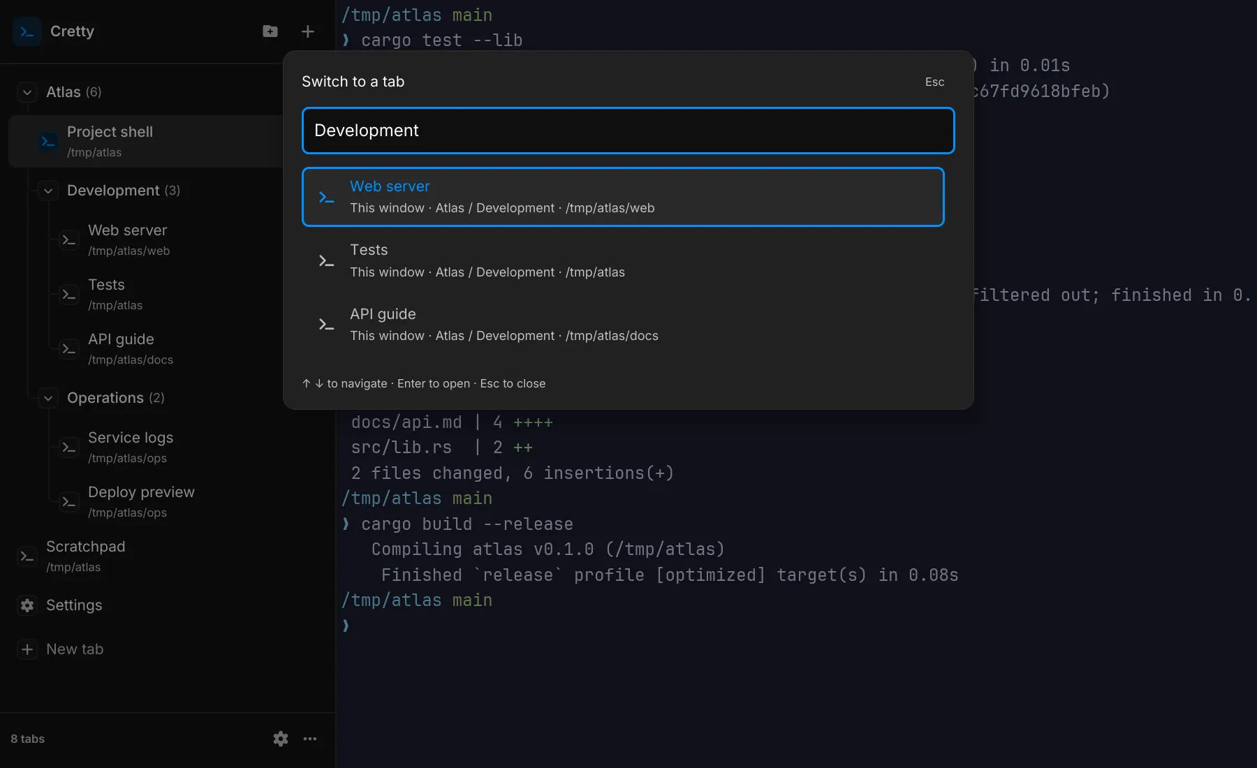 Finding project terminals with the tab switcher