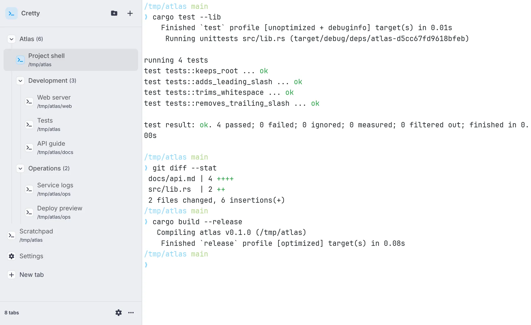 The same Atlas project in Cretty with a light application theme, GitHub Light terminal colors, and normal tree indentation.