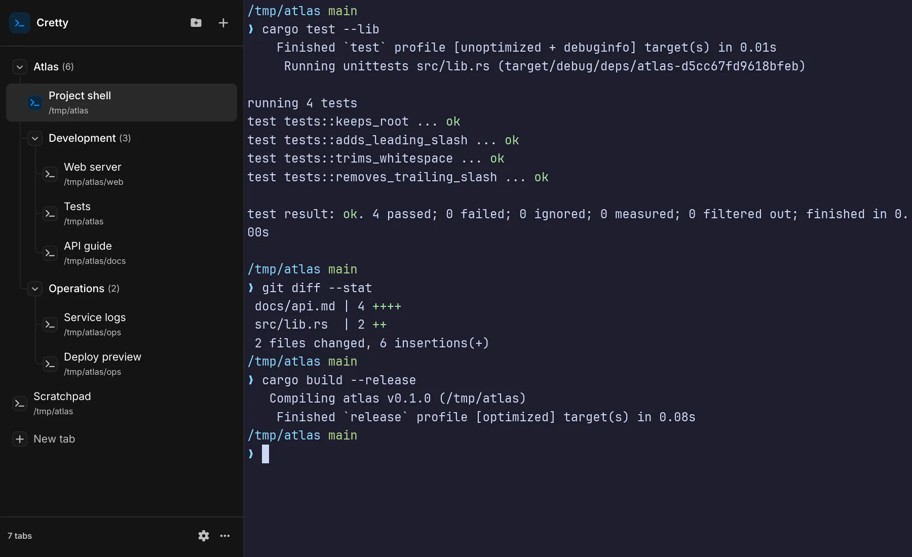 Cretty with comfortably spaced nested project groups and a real Rust test, Git diff, and build session.